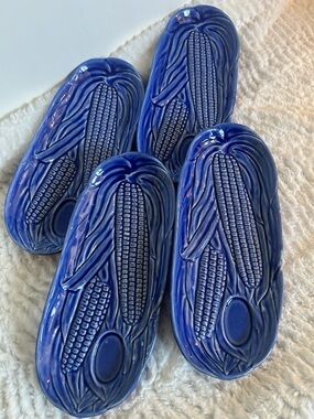 Blue Ceramic Corn Cob Appetizer Plates - Set of 4 Made in Japan